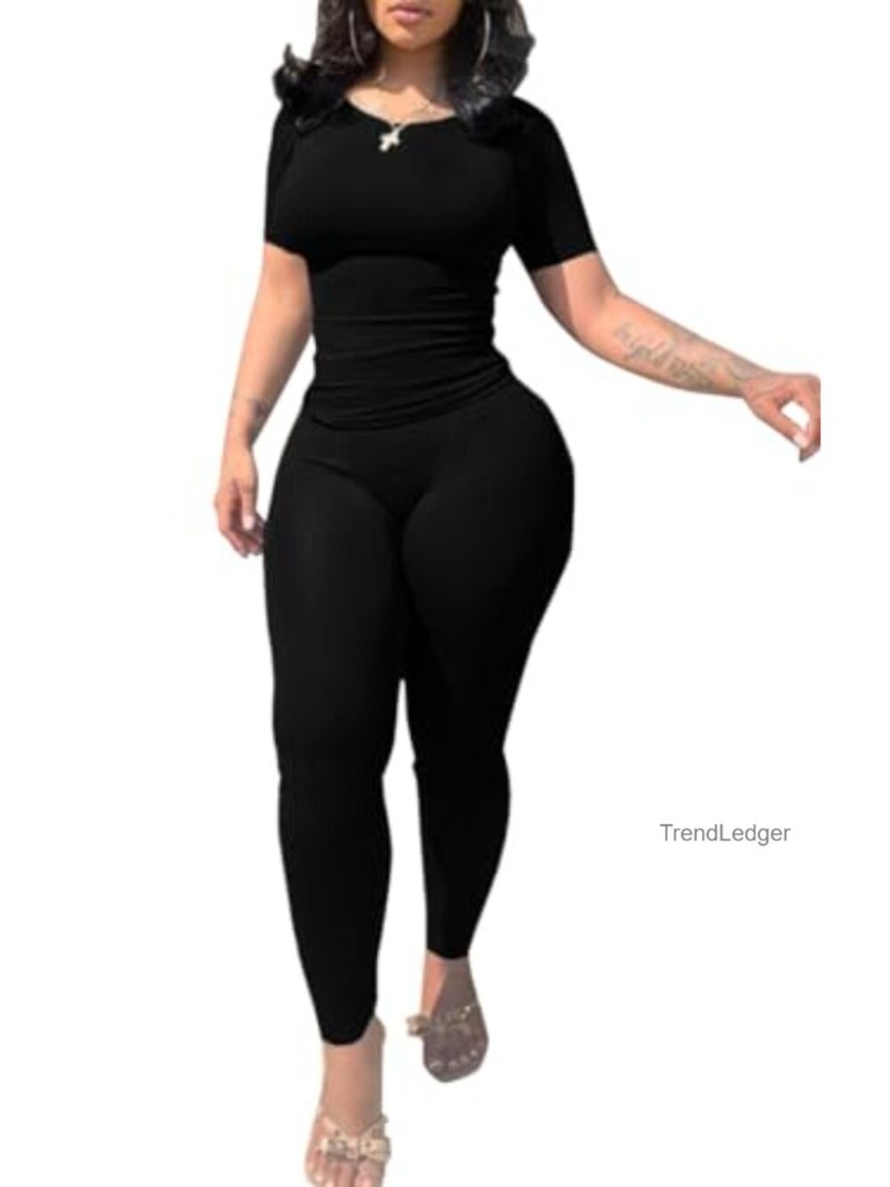 PINSV 2 Piece Set Crew Neck Tee High Waist Shorts Women Workout Casual